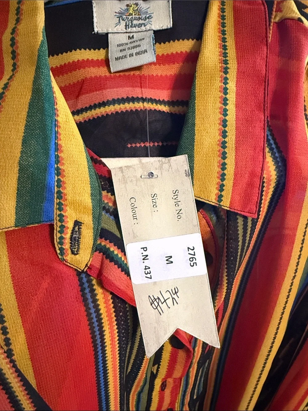 Womens Short-Sleeve Button-Down Shirt in Black with Red & Yellow Stripes